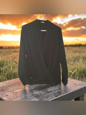 Pleione Black V-Neck Wrap-Front Blouse Size XS